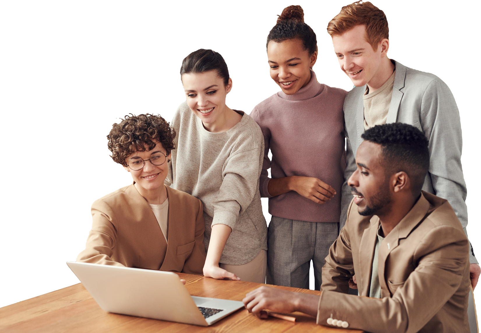 Diverse Team of Five Working with Laptop on the Table